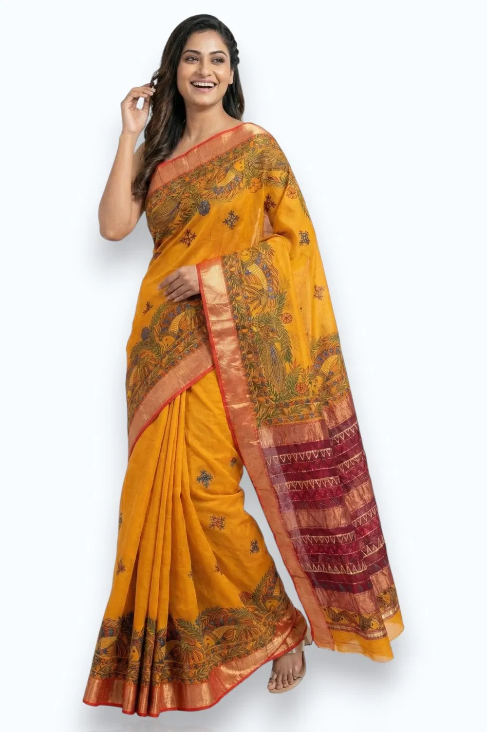 Maheshwar Handloom Cotton-Silk Saree with Madhubani Hand Painting