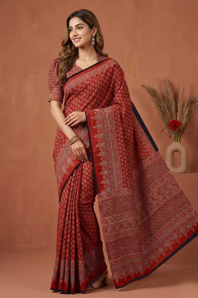 Kutch Ajrakh Hand Block Print Modal Silk Crepe Saree