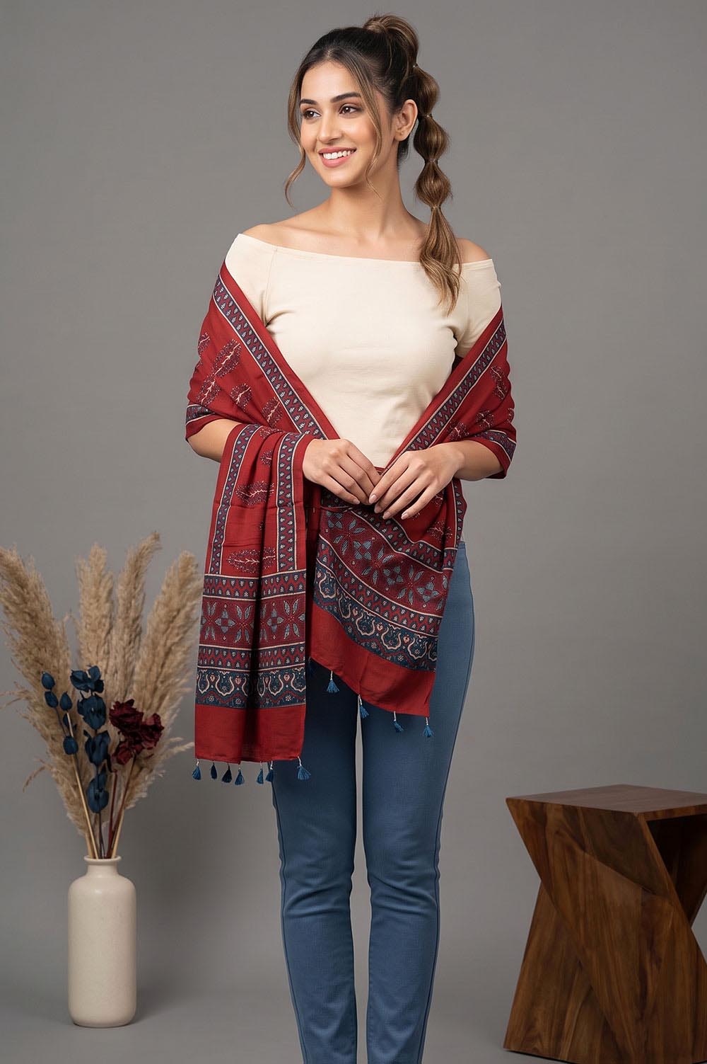 Kutch Ajrakh Hand Block Print Modal Silk Crepe Stole