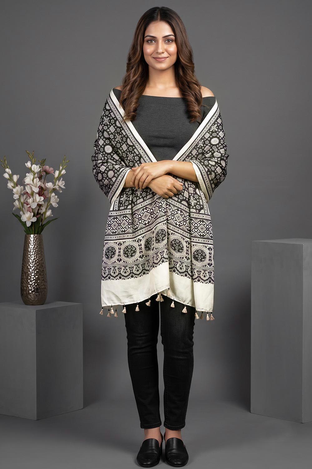 Kutch Ajrakh Hand Block Print Modal Silk Crepe Stole