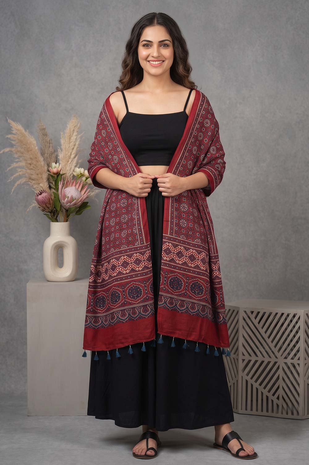 Kutch Ajrakh Hand Block Print Modal Silk Crepe Stole