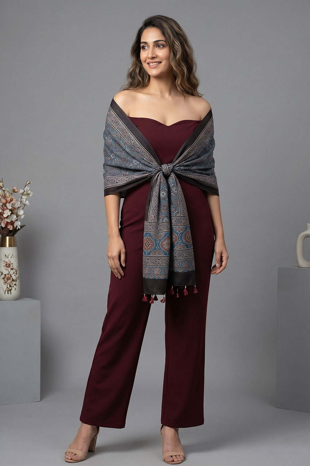 Kutch Ajrakh Hand Block Print Modal Silk Crepe Stole