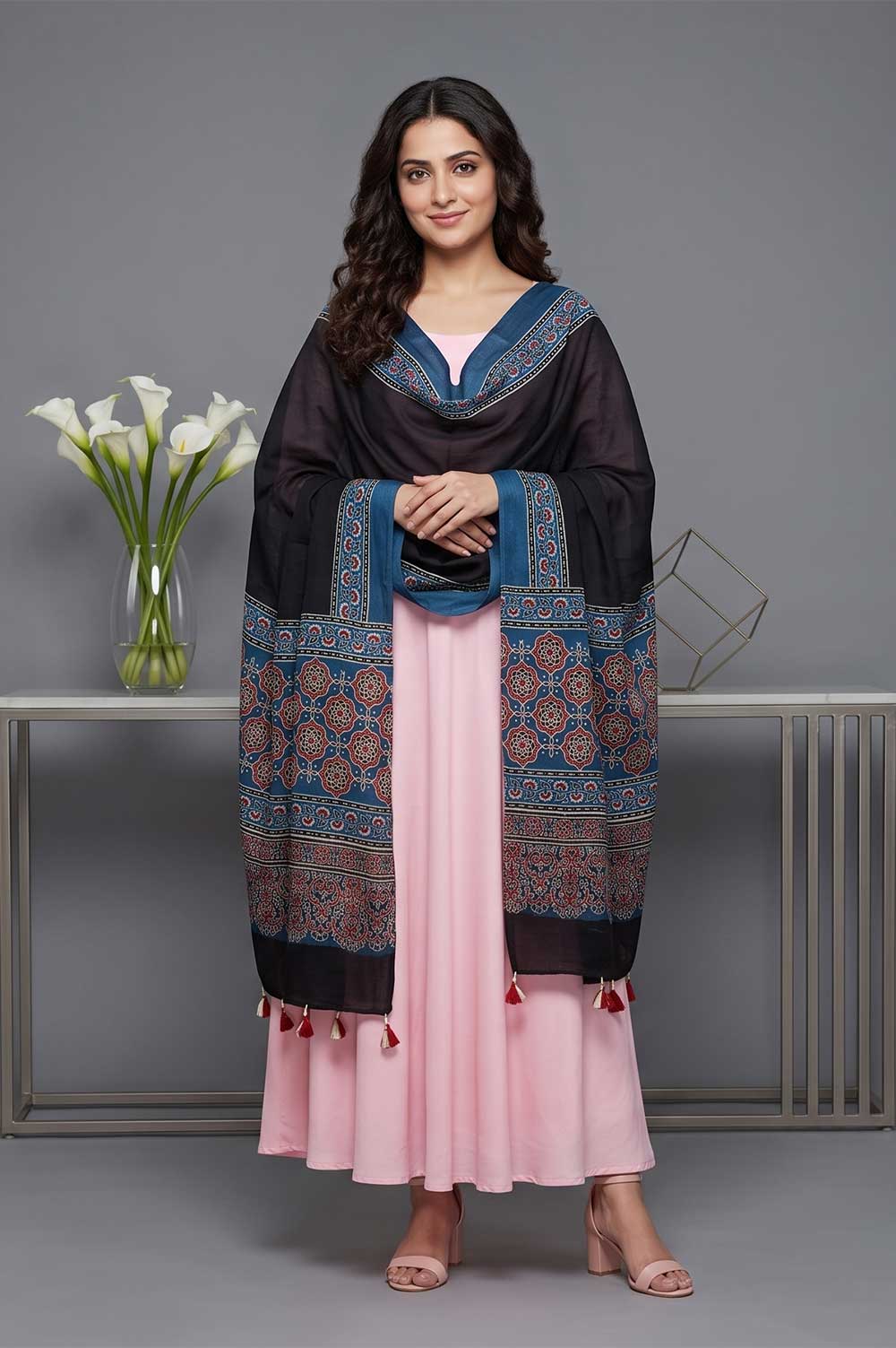 Kutch Ajrakh Hand Block Print Modal Silk Crepe Stole