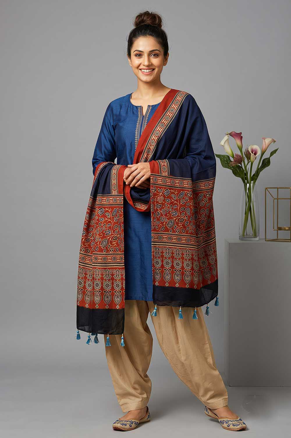 Kutch Ajrakh Hand Block Print Modal Silk Crepe Stole