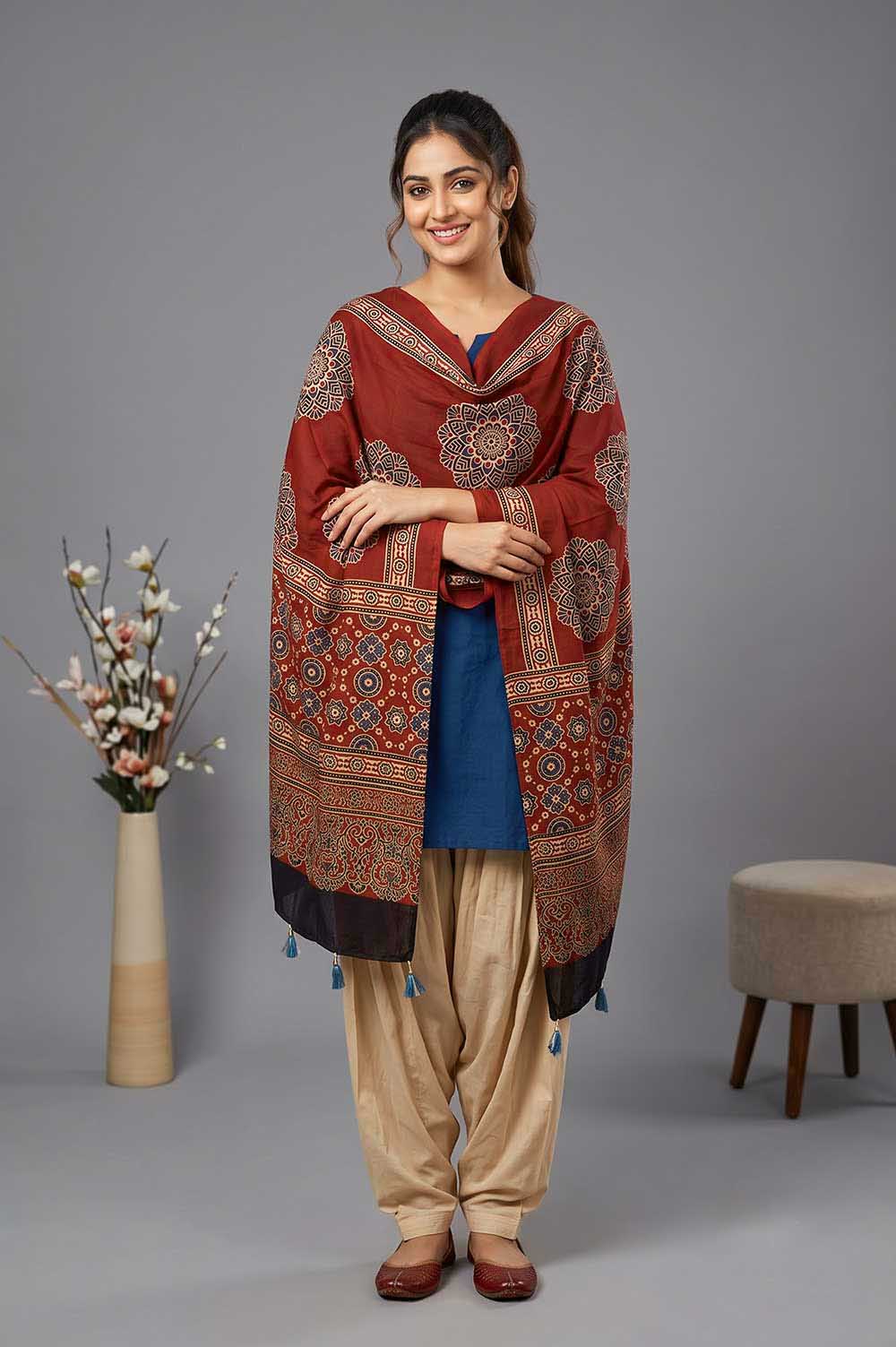 Kutch Ajrakh Hand Block Print Modal Silk Crepe Stole