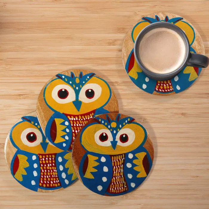 Bengal Pattachitra Wooden Coasters Owl (4pcs)