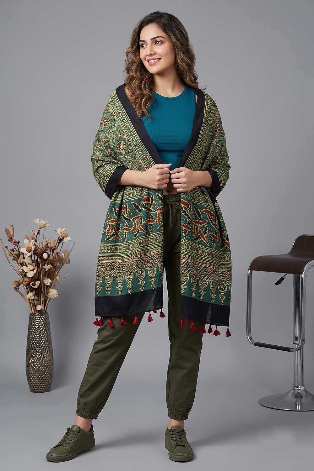 Kutch Ajrakh Hand Block Print Modal Silk Crepe Stole