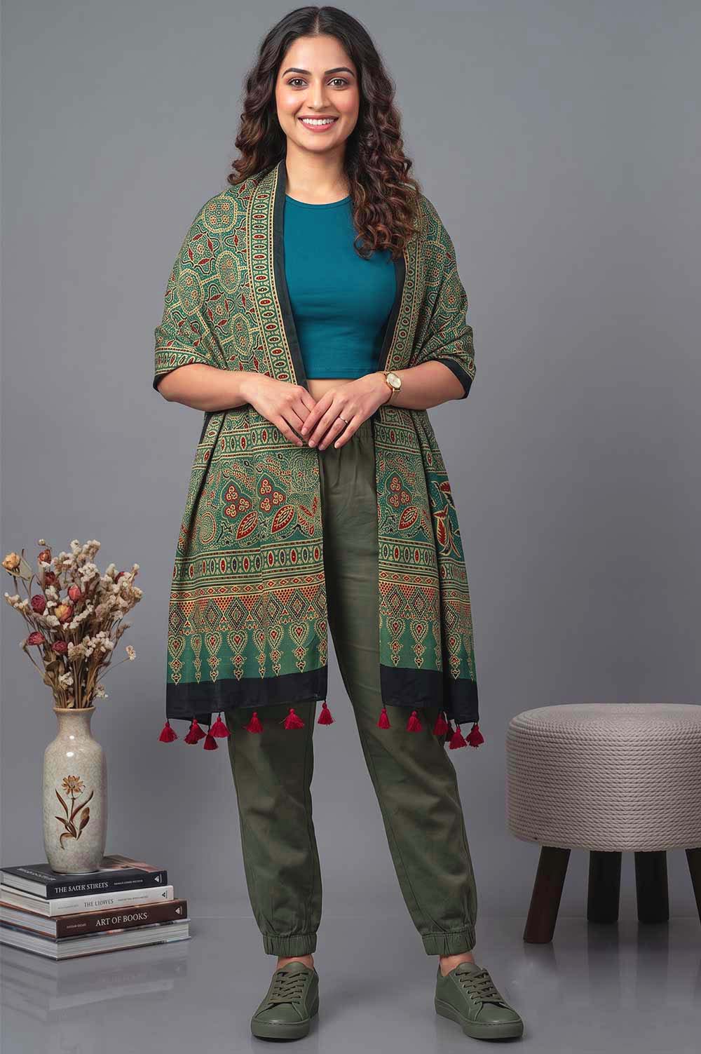 Kutch Ajrakh Hand Block Print Modal Silk Crepe Stole
