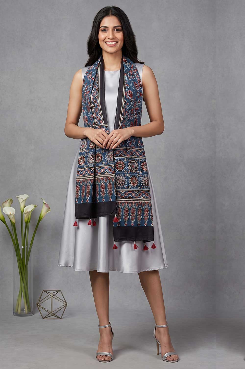 Kutch Ajrakh Hand Block Print Modal Silk Crepe Stole