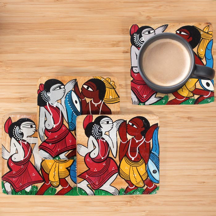 Bengal Pattachitra Wooden Coasters Dance (4pcs)