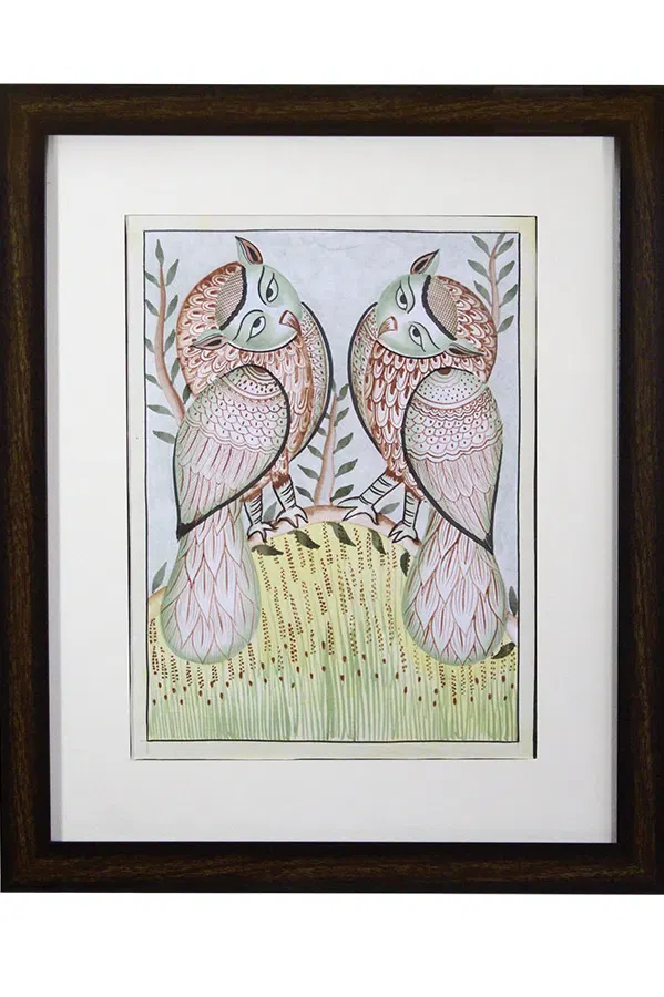 Bengal Pattachitra - Kalighat Style Owl Family (15*18 Inches)