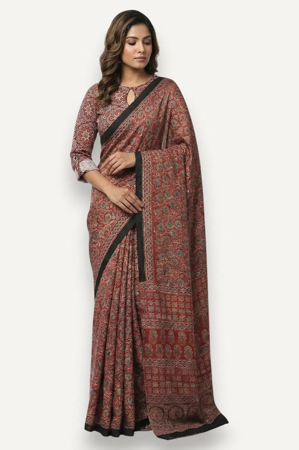 Kutch Ajrakh Hand Block Print Modal Silk Crepe Saree