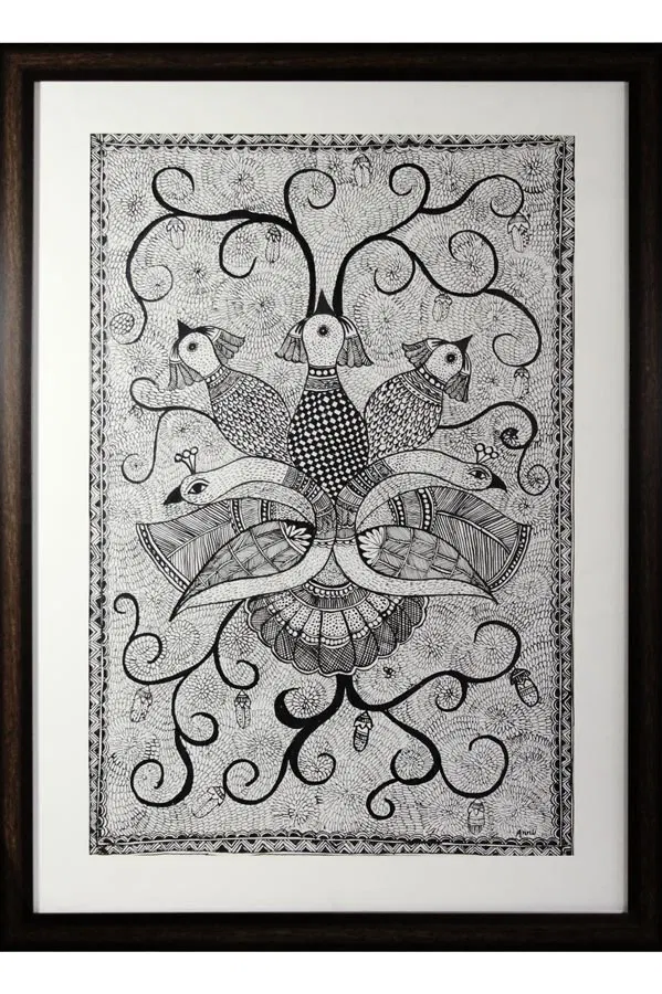 Madhubani Painting Peacock & Birds (20x27) Inches