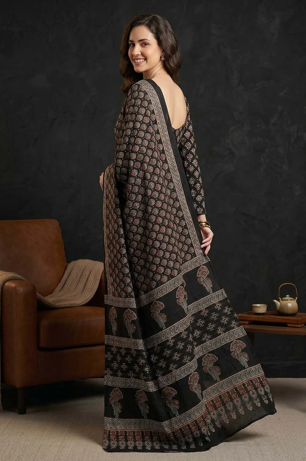 Kutch Ajrakh Hand Block Print Modal Silk Crepe Saree
