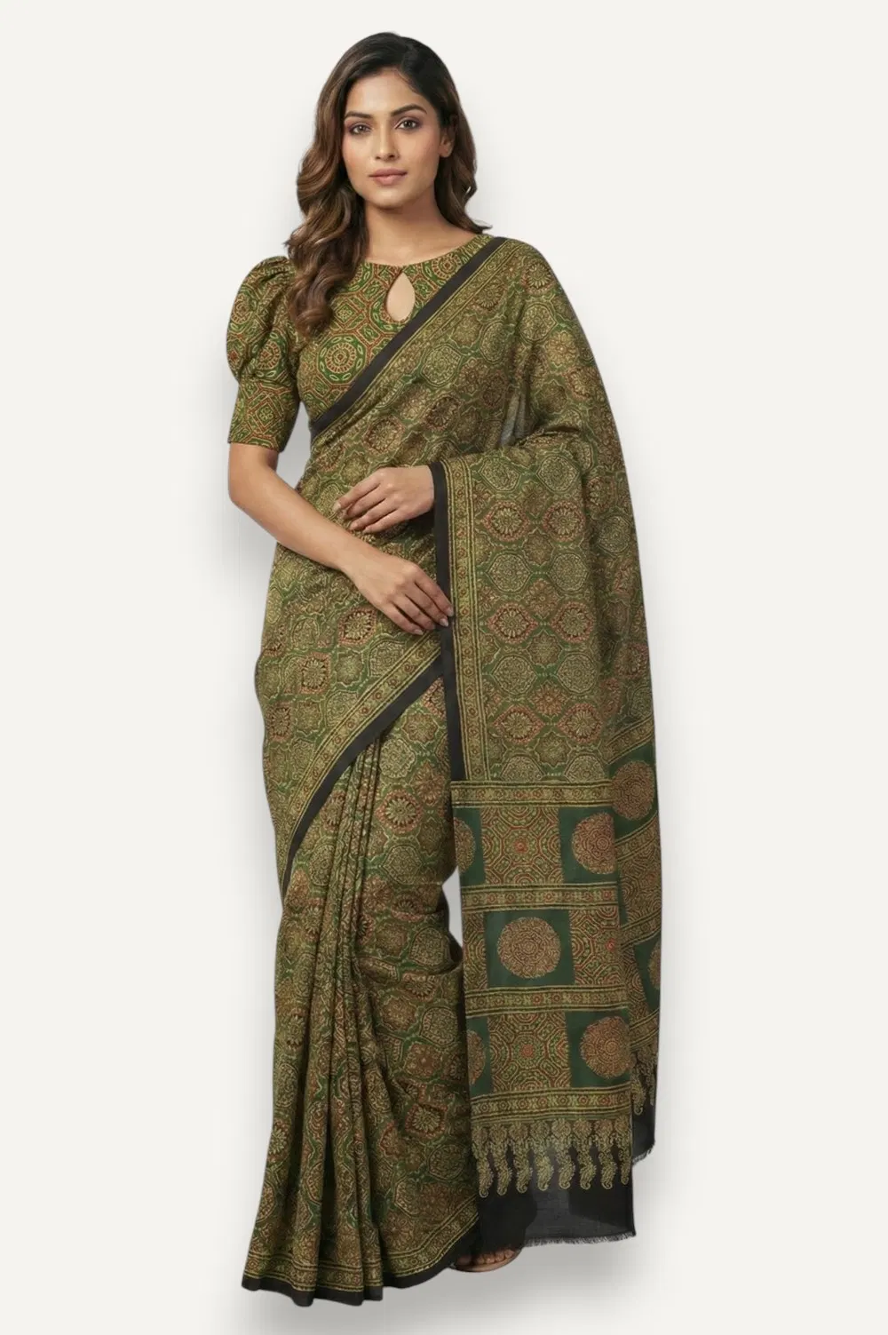 Kutch Ajrakh Hand Block Print Modal Silk Crepe Saree