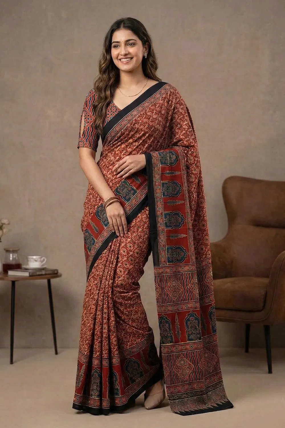 Kutch Ajrakh Hand Block Print Modal Silk Crepe Saree