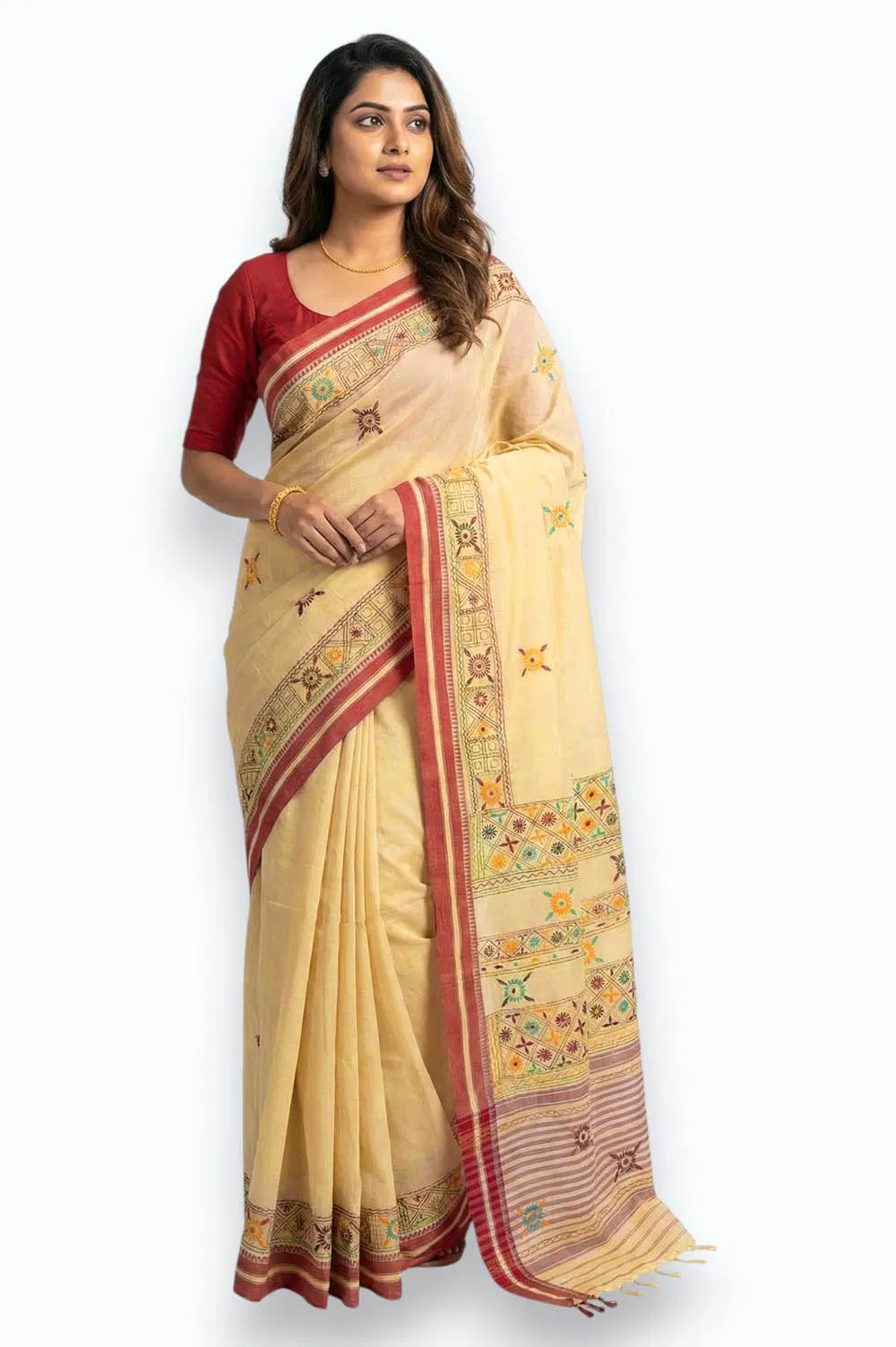 Nakshi Kantha Semi Silk Saree (Intricate Hand Embroidery)