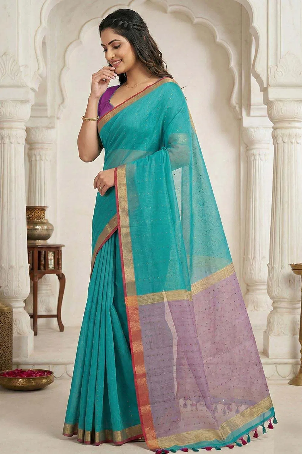Jamdani Cotton-Silk Handloom Saree (Mesh titli Sequence Work)