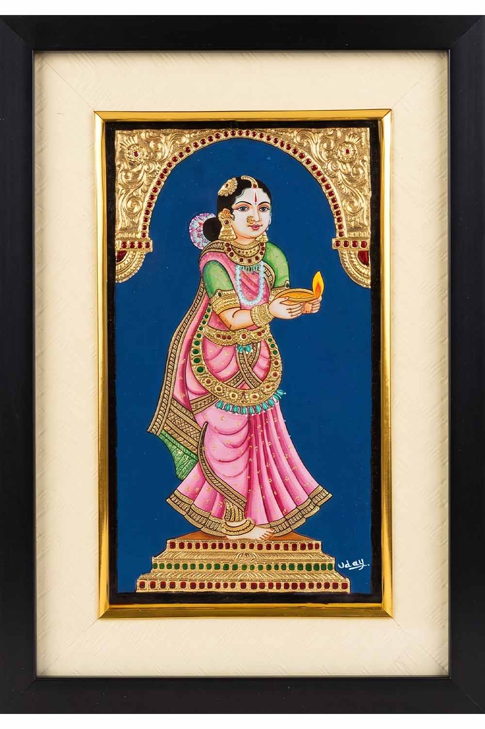Lady with Lamp Mysore Painting - 22KT Gold Leaf (7*10) Inches - Set of 2