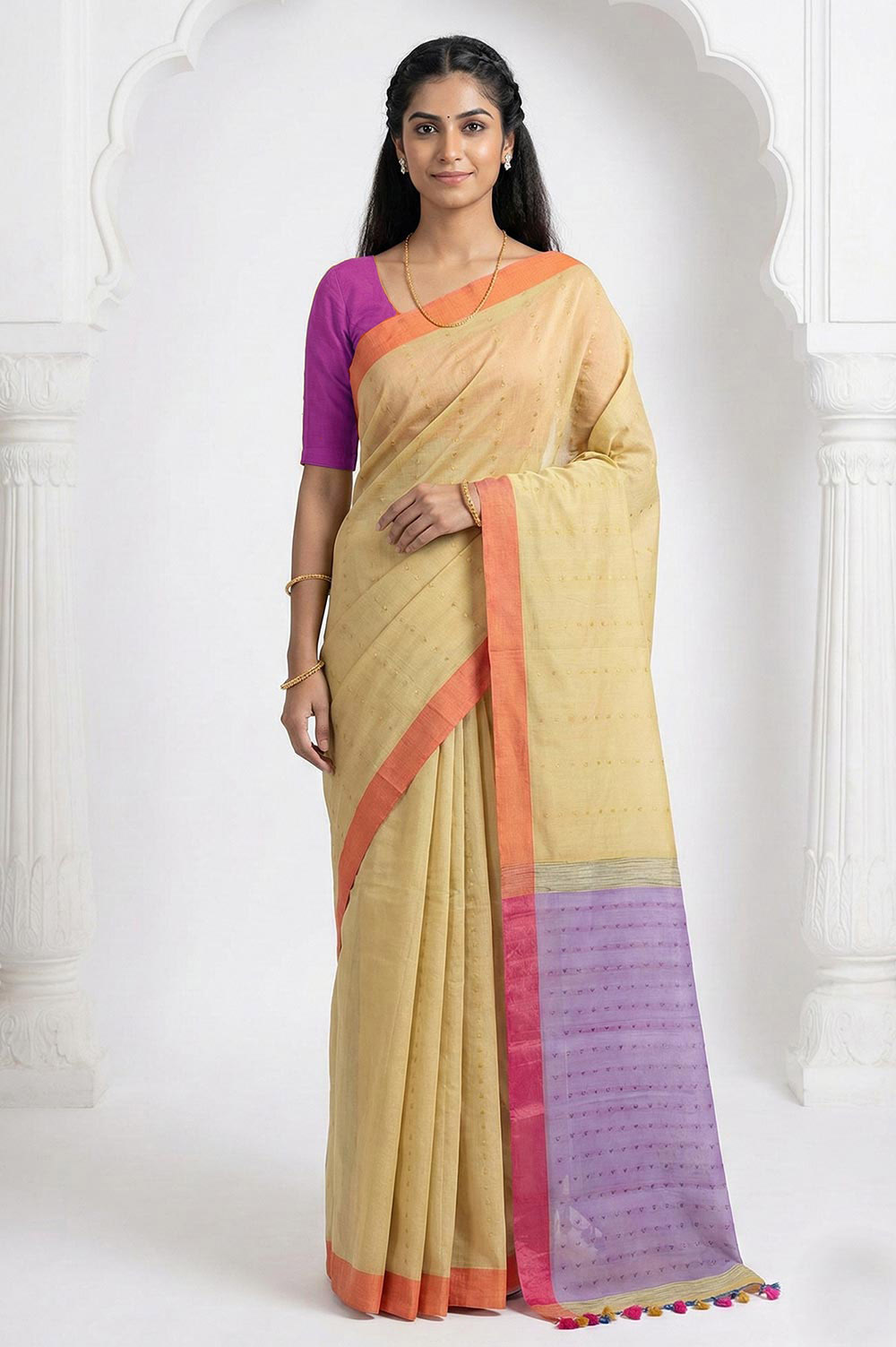 Jamdani Cotton-Silk Handloom Saree (Mesh titli Sequence Work)
