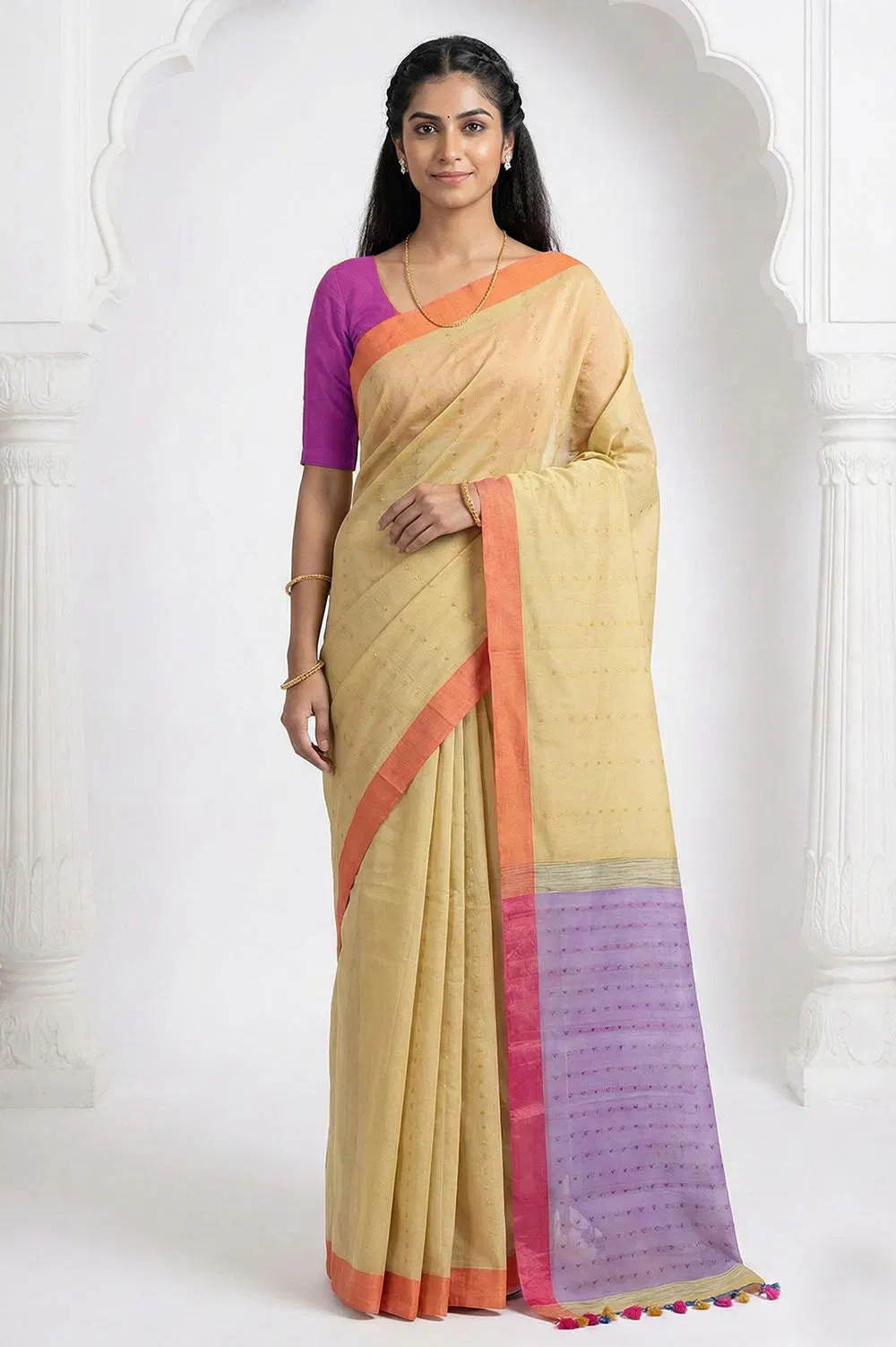 Jamdani Cotton-Silk Handloom Saree (Mesh titli Sequence Work)