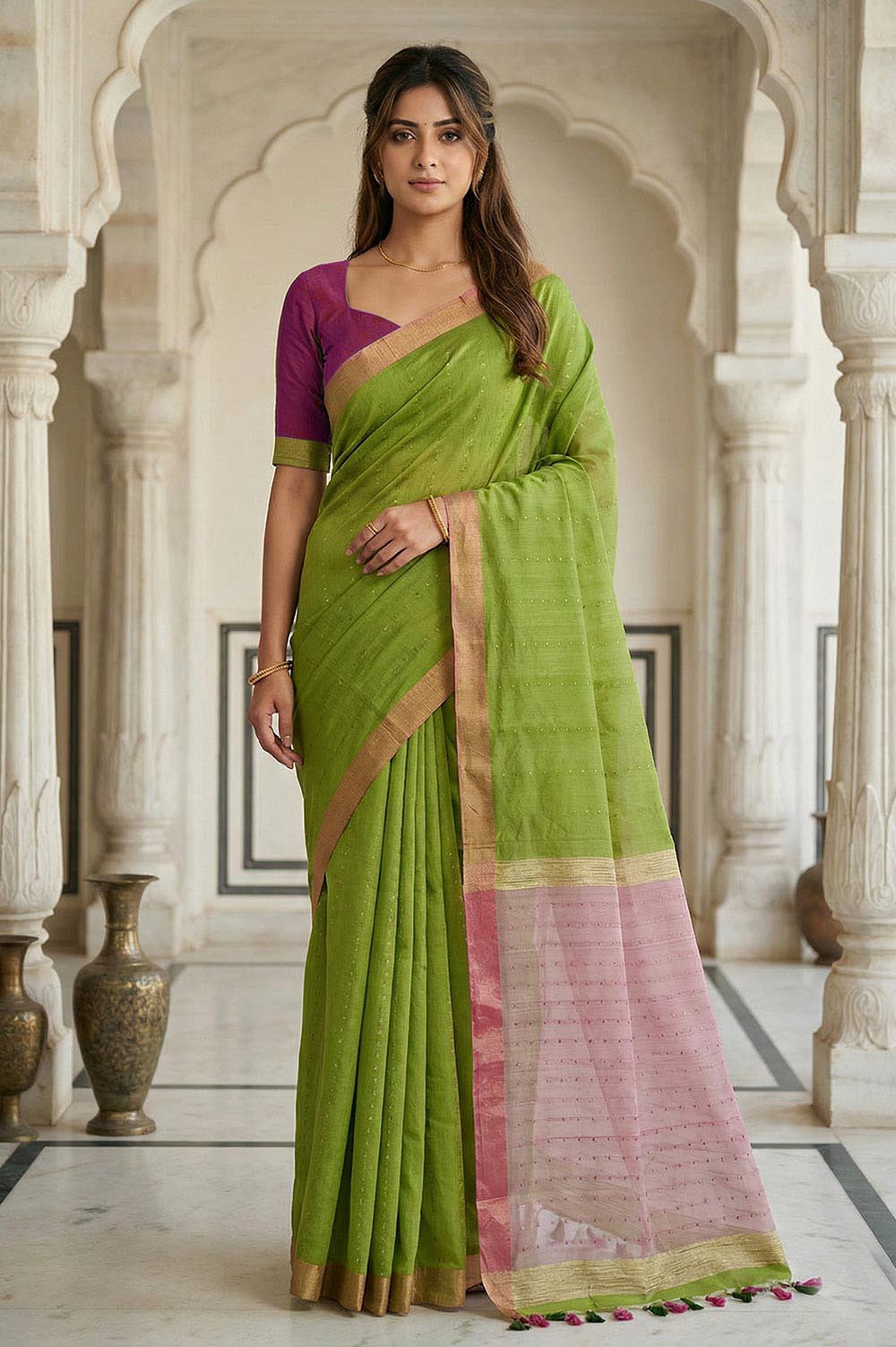 Jamdani Cotton-Silk Handloom Saree (Mesh titli Sequence Work)