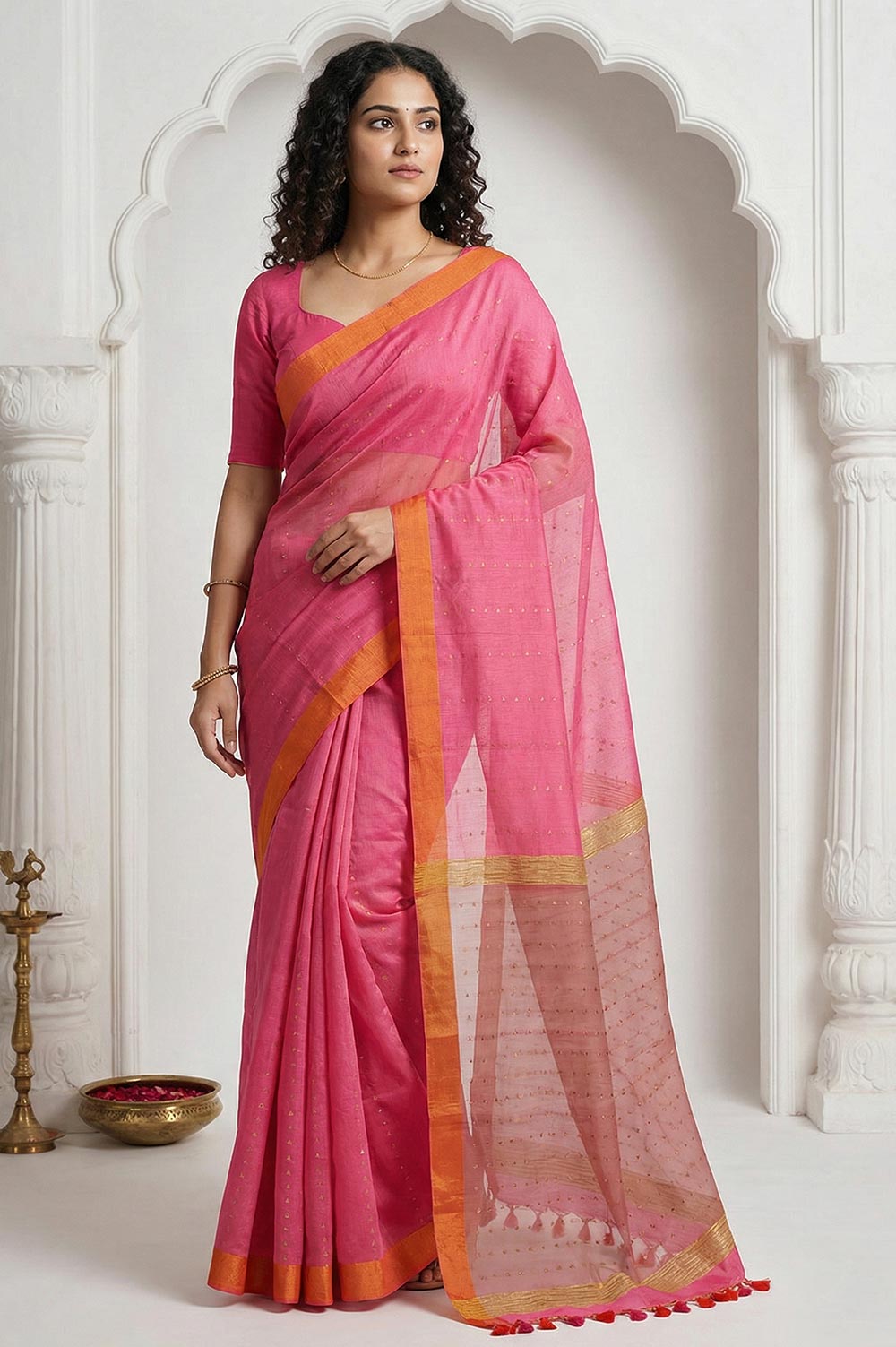Jamdani Cotton-Silk Handloom Saree (Mesh titli Sequence Work)