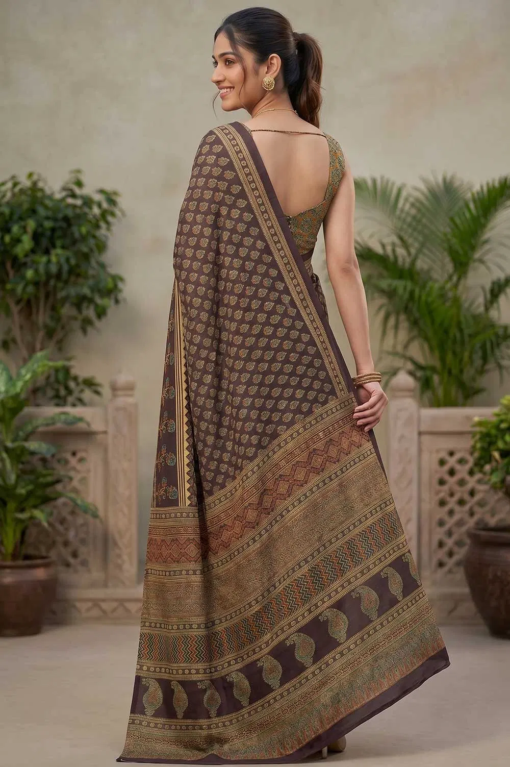 Kutch Ajrakh Hand Block Print Modal Silk Crepe Saree