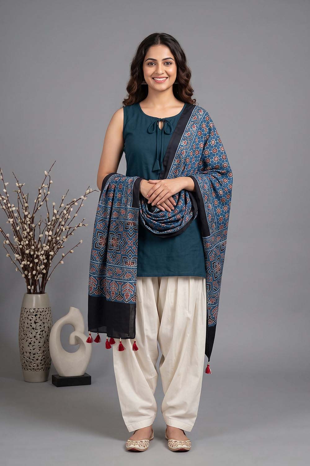 Kutch Ajrakh Hand Block Print Modal Silk Crepe Stole
