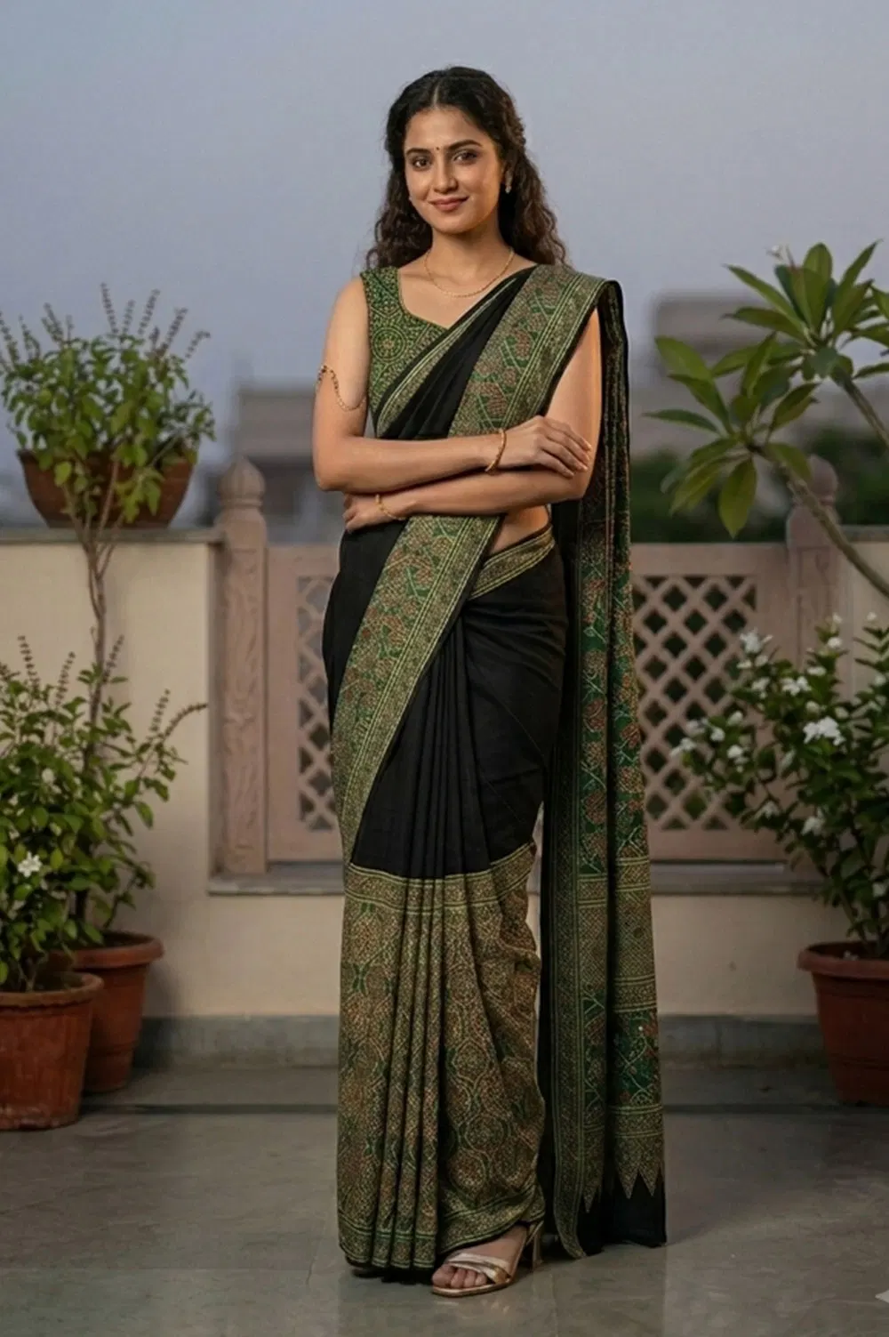 Kutch Ajrakh Hand Block Print Modal Silk Crepe Saree