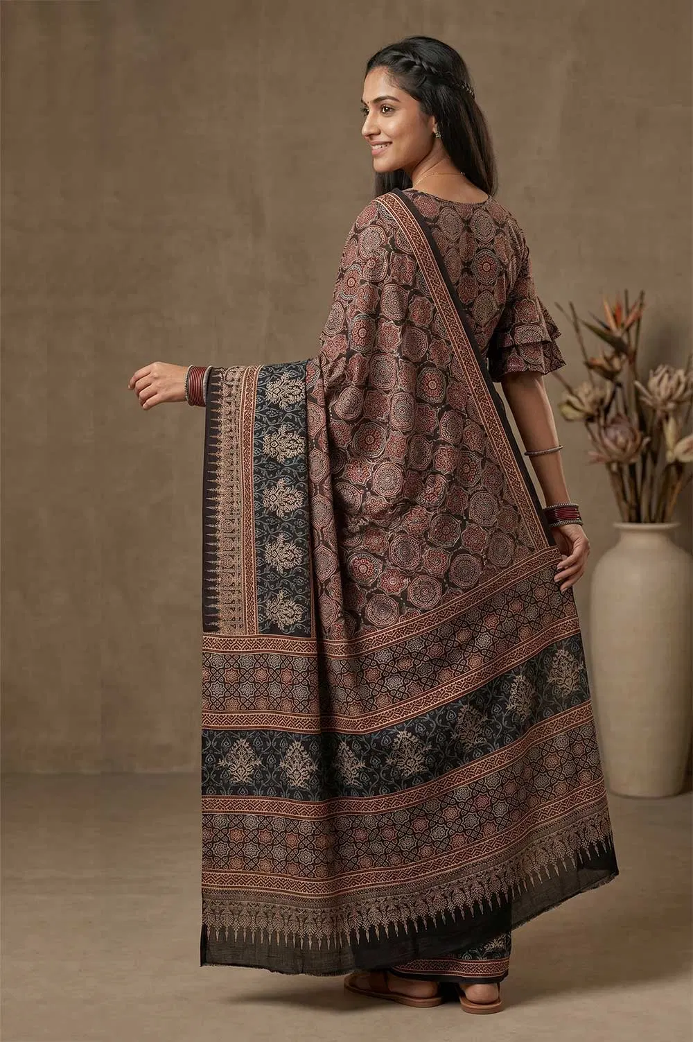 Kutch Ajrakh Hand Block Print Modal Silk Crepe Saree