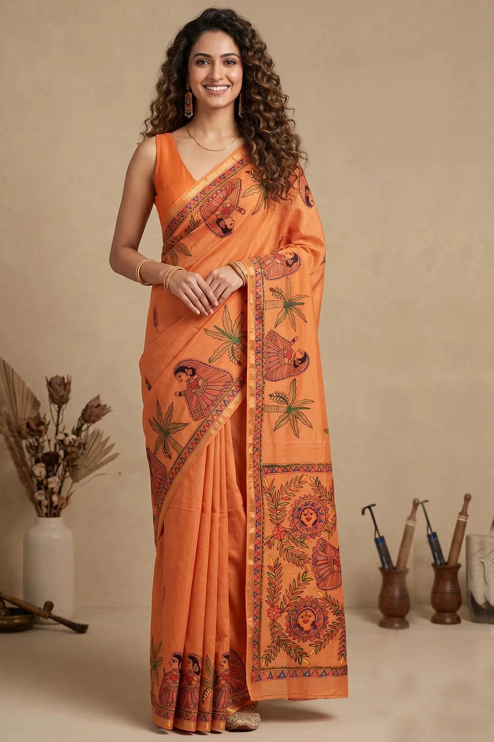 Madhubani Hand Painted Cotton Silk Saree