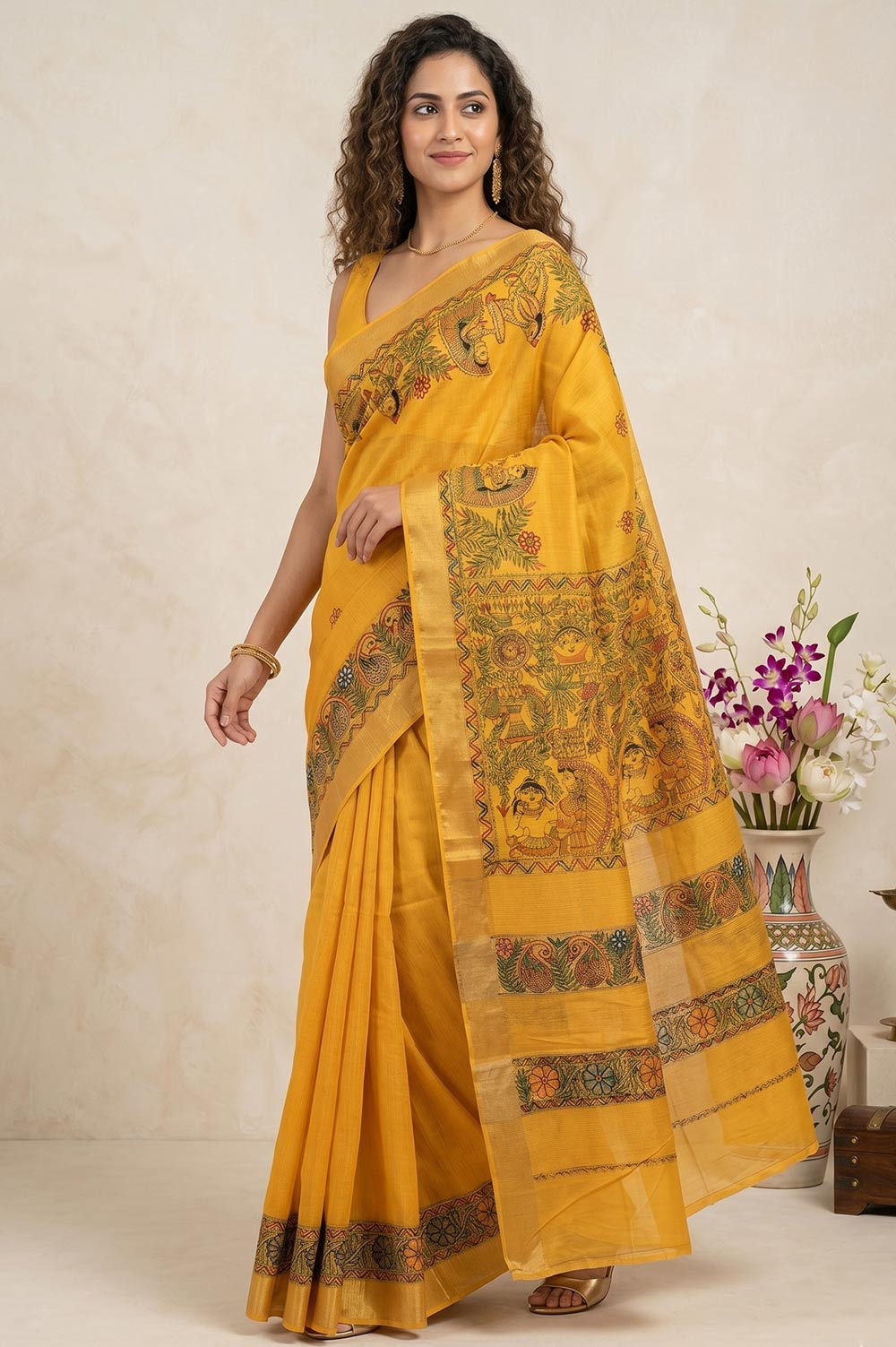 Madhubani Hand Painted Cotton Silk Saree