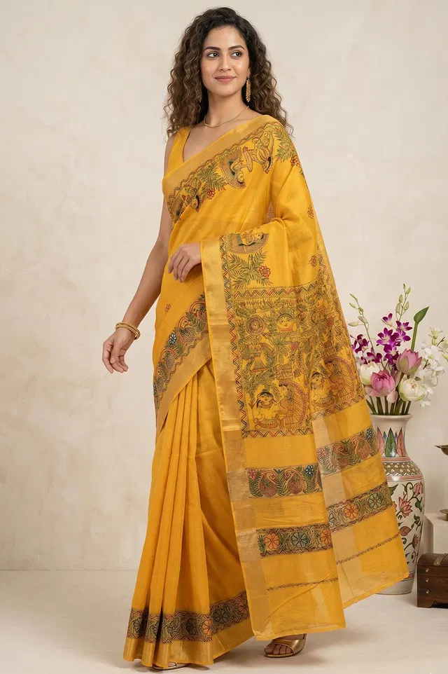 Madhubani Hand Painted Cotton Silk Saree