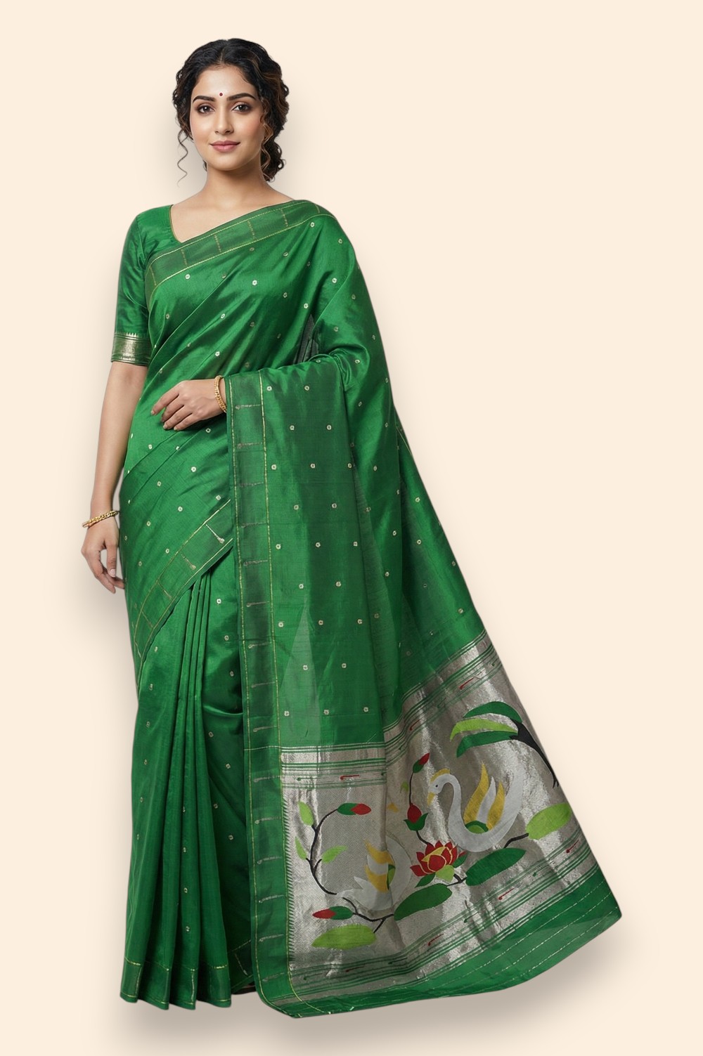 Authentic Paithani Handloom Pure Silk Saree Muniya Border (Double Pallu Big Motif)