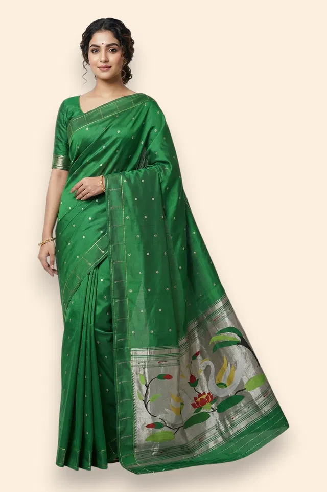 Authentic Paithani Handloom Pure Silk Saree Muniya Border (Double Pallu Big Motif)