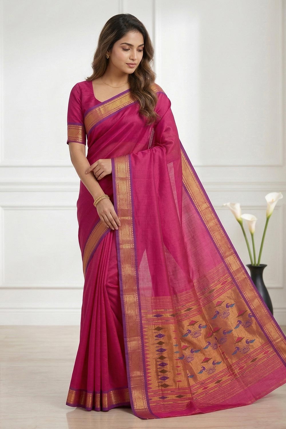 Authentic Paithani Handloom Pure Silk Saree (Double Pallu Medium Motif)
