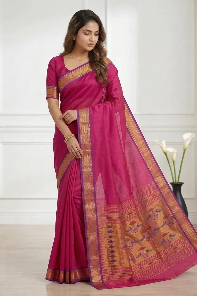 Authentic Paithani Handloom Pure Silk Saree (Double Pallu Medium Motif)