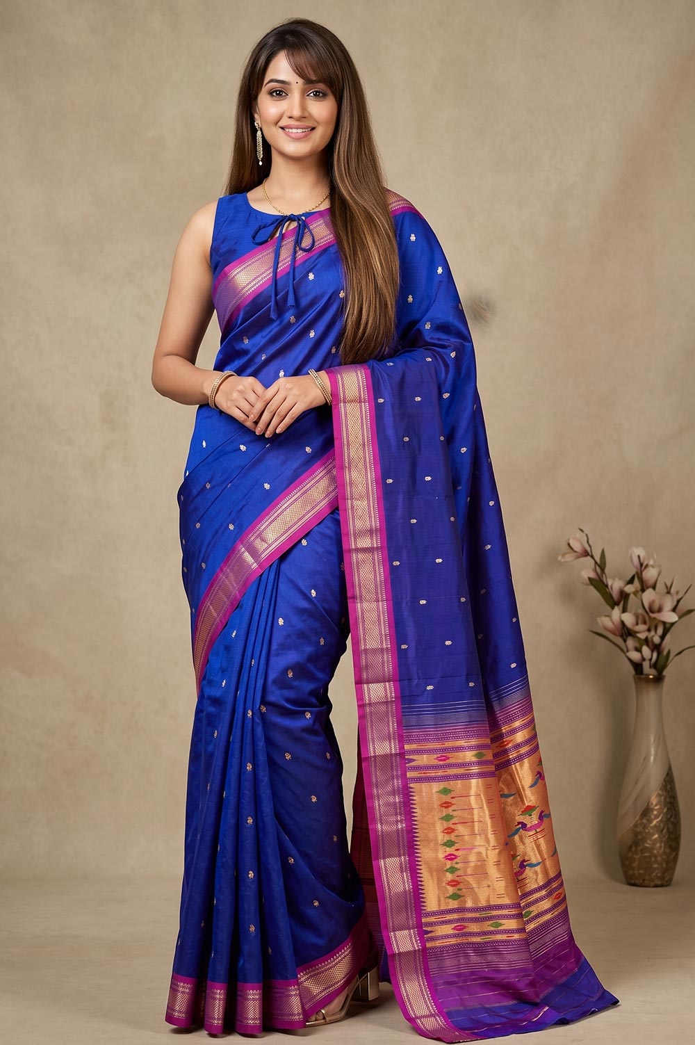 Authentic Paithani Handloom Pure Silk Saree (Double Pallu Medium Motif)