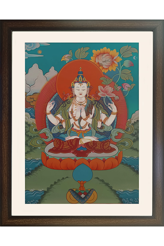Ladakh Thangka Painting Four Armed Avalokiteshvara (16x20) Inches