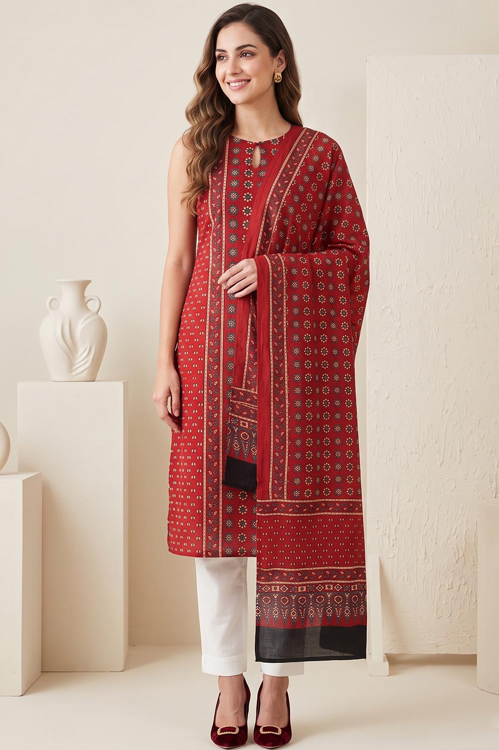 Kutch Ajrakh Hand Block Print Modal Silk Crepe Salwar Suit 2pcs (Unstitched)