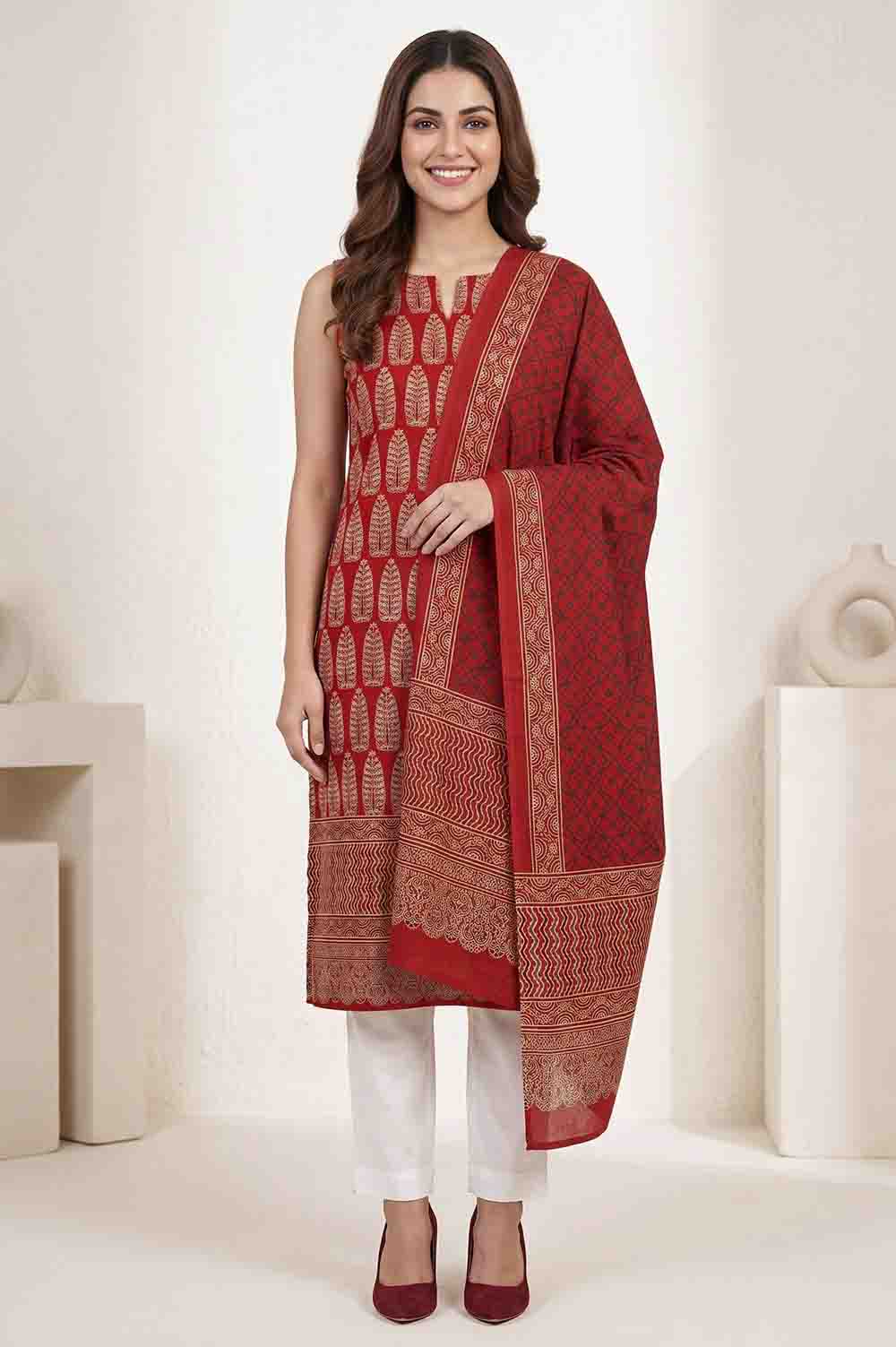 Kutch Ajrakh Hand Block Print Modal Silk Crepe Salwar Suit 2pcs (Unstitched)