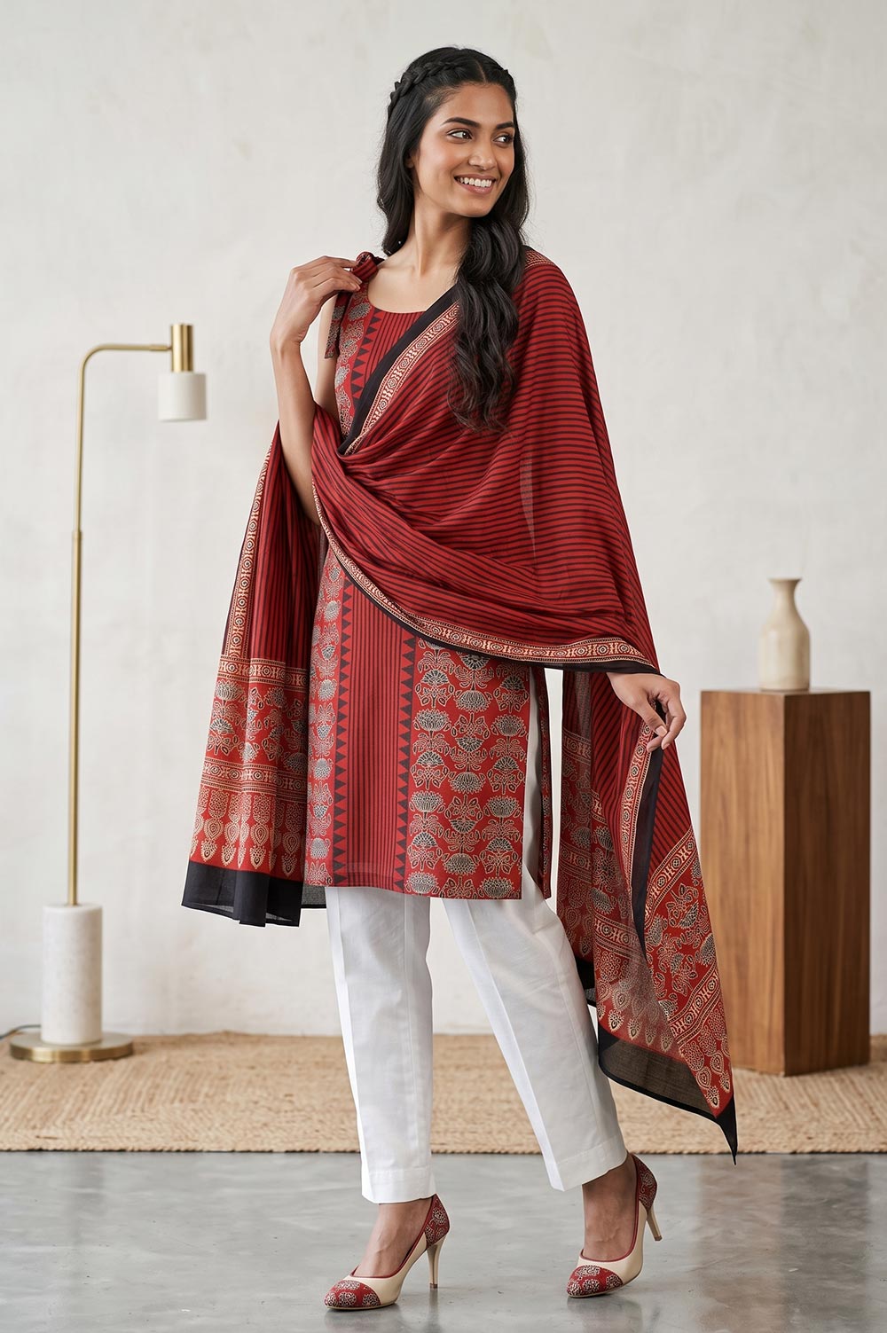 Kutch Ajrakh Hand Block Print Modal Silk Crepe Salwar Suit 2pcs (Unstitched)