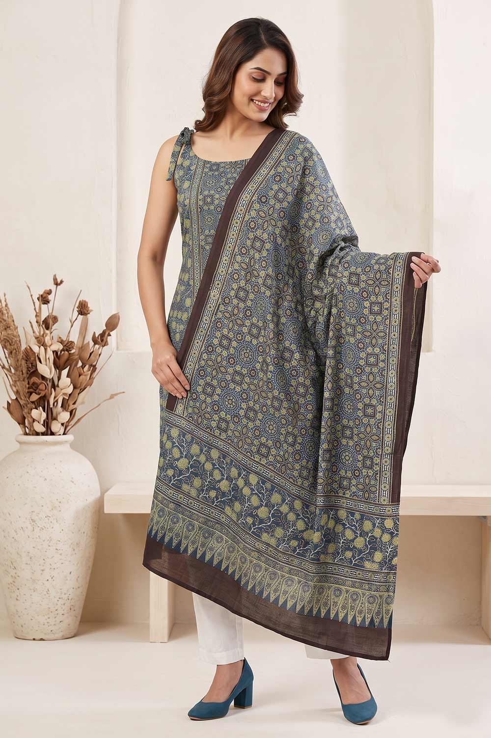 Kutch Ajrakh Hand Block Print Modal Silk Crepe Salwar Suit 2pcs (Unstitched)