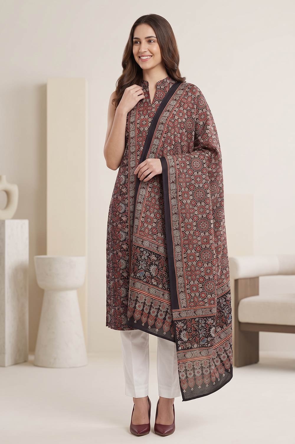 Kutch Ajrakh Hand Block Print Modal Silk Crepe Salwar Suit 2pcs (Unstitched)