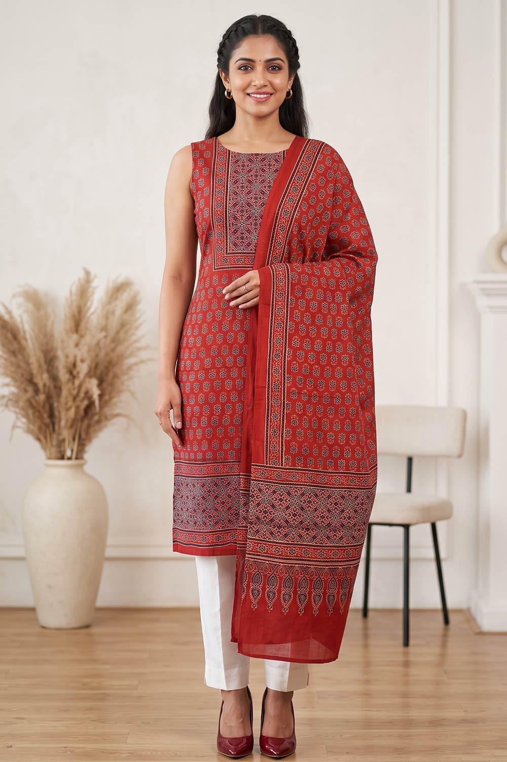 Kutch Ajrakh Hand Block Print Modal Silk Crepe Salwar Suit 2pcs (Unstitched)