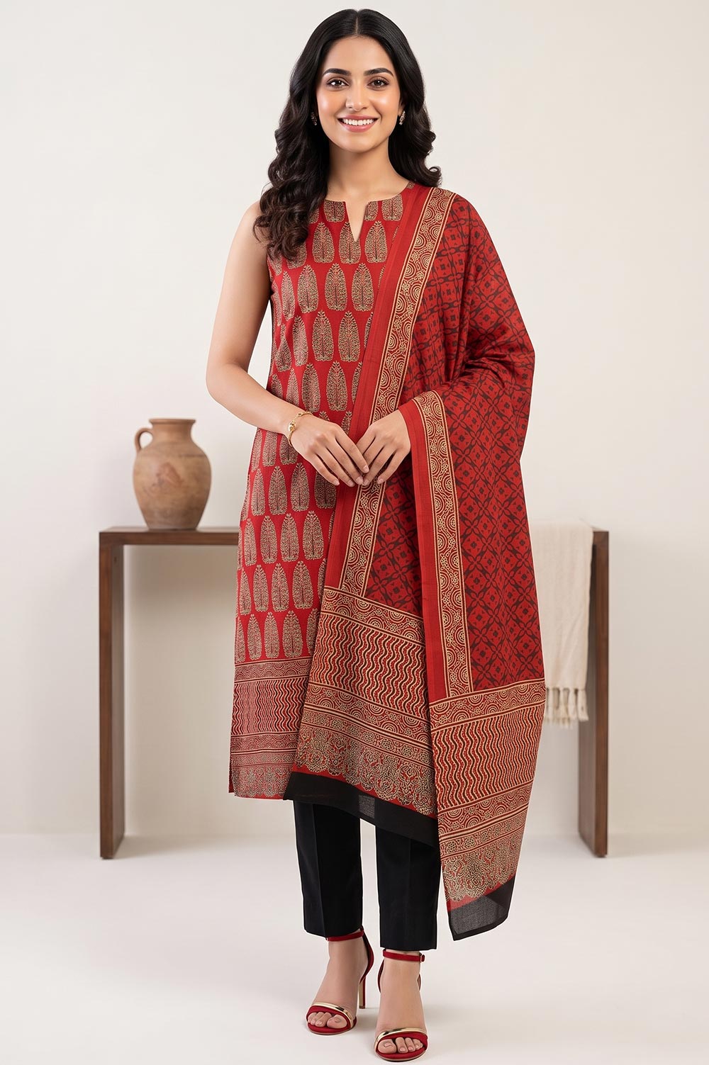 Kutch Ajrakh Hand Block Print Modal Silk Crepe Salwar Suit 2pcs (Unstitched)