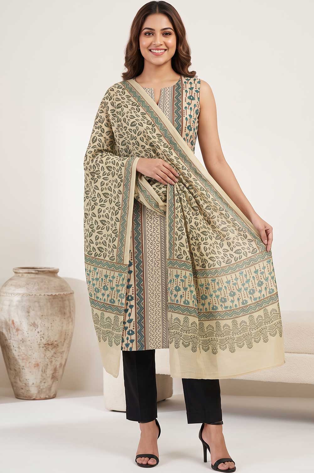 Kutch Ajrakh Hand Block Print Modal Silk Crepe Salwar Suit 2pcs (Unstitched)