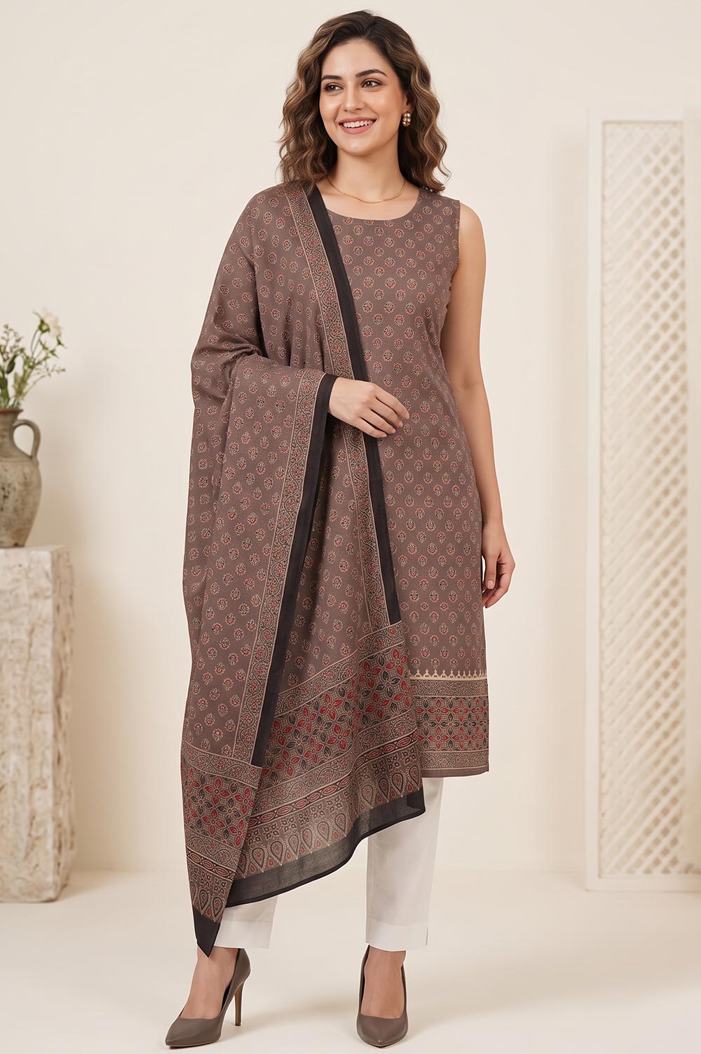 Kutch Ajrakh Hand Block Print Modal Silk Crepe Salwar Suit 2pcs (Unstitched)