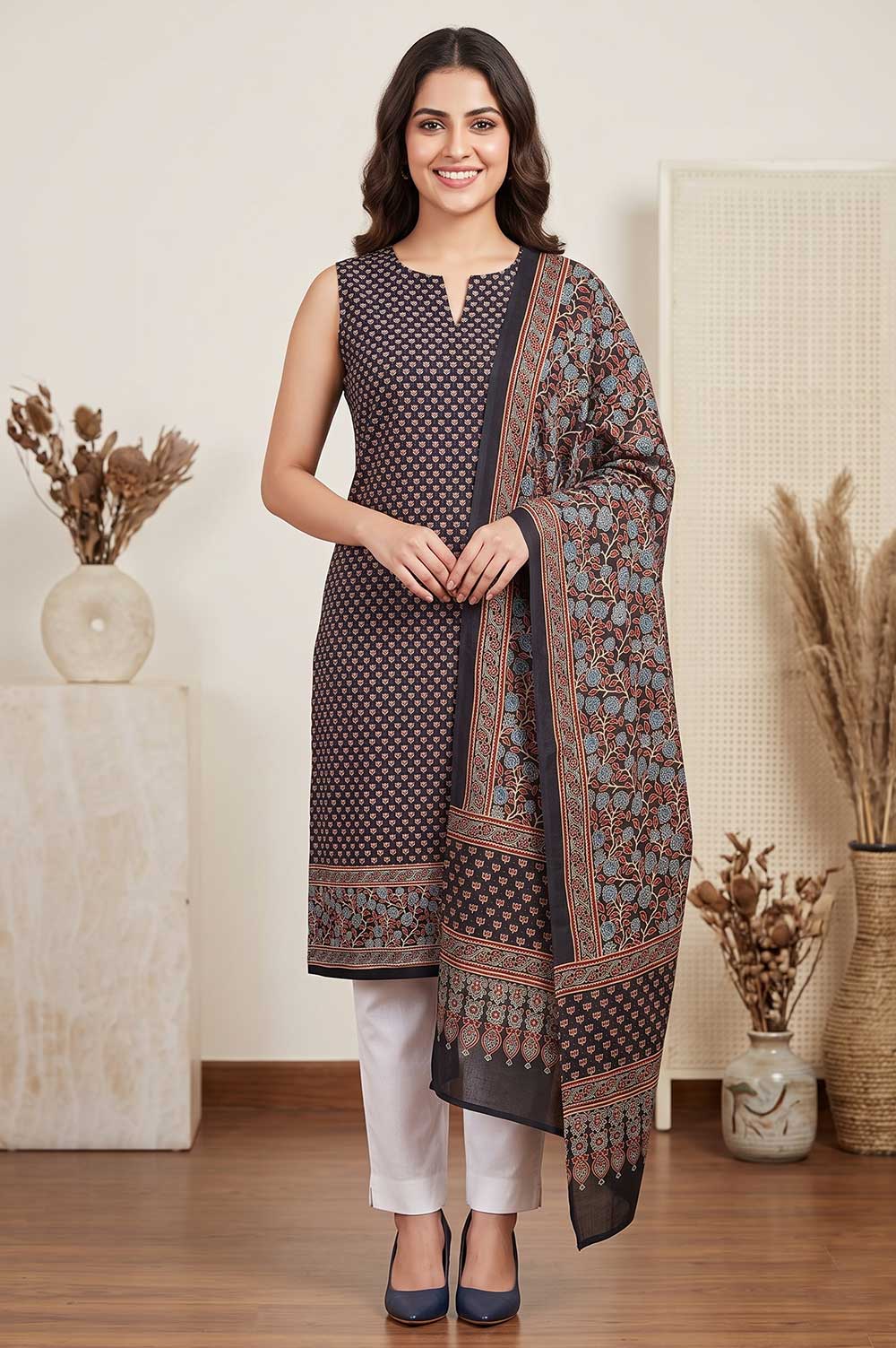Kutch Ajrakh Hand Block Print Modal Silk Crepe Salwar Suit 2pcs (Unstitched)